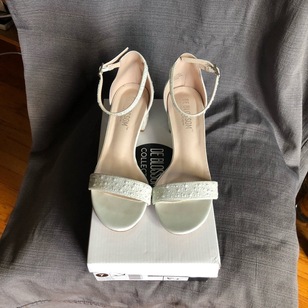 Allover Iridescent Pearl Low Block Heel Sandals